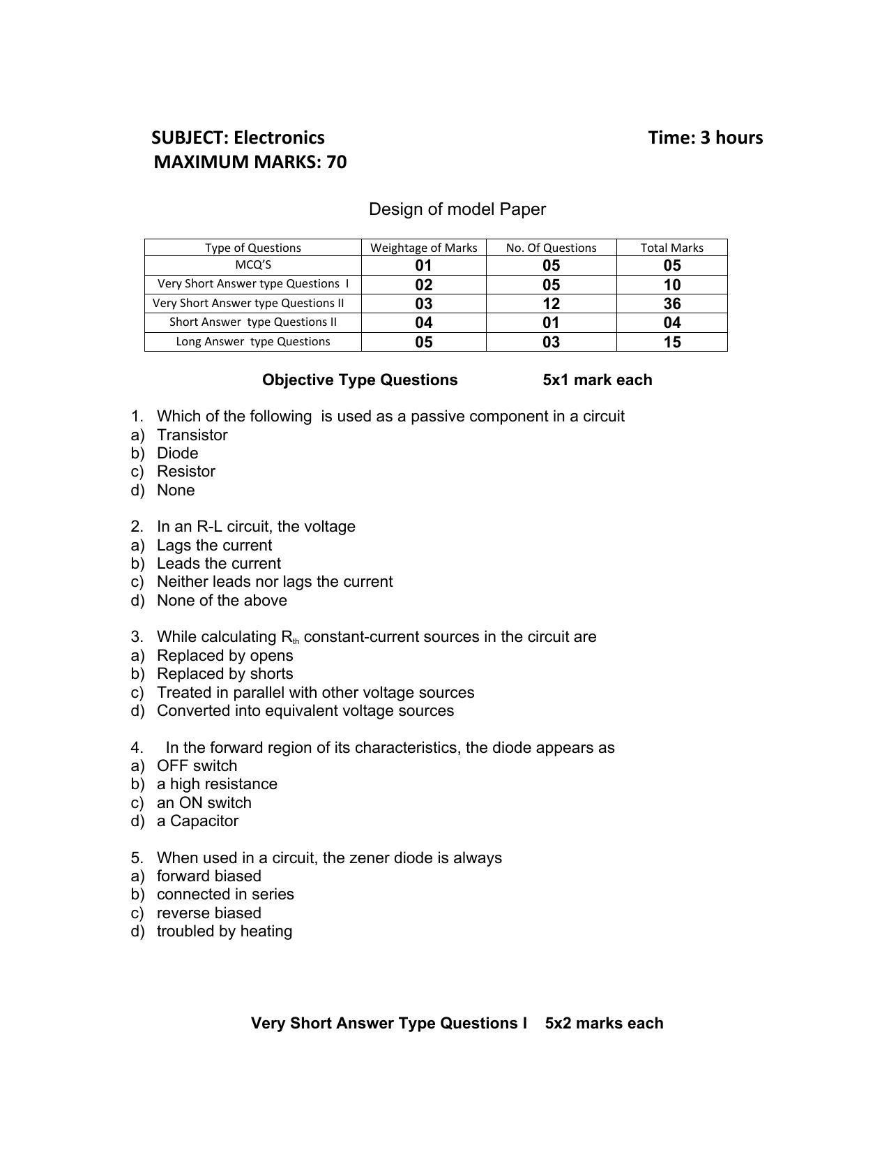 JKBOSE Class 11 Electronics Model Question Paper 2023 - Page 1