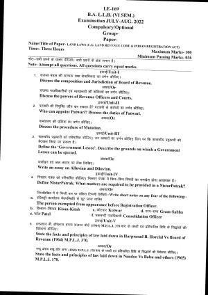 Bilaspur University Question Paper July 2022:B.A. L.L.B. (VI Sem.) Land Laws (C.G.Land Revenue Code & Indian Registration Act) Paper 1