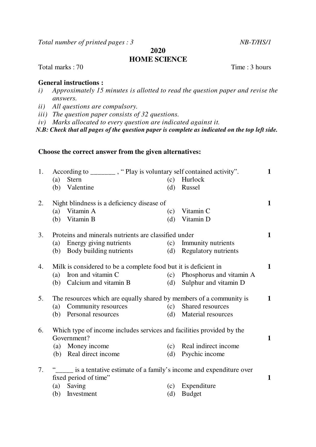 Nagaland Board Class 10 HOME SCIENCE 2020 Question Paper IndCareer Docs