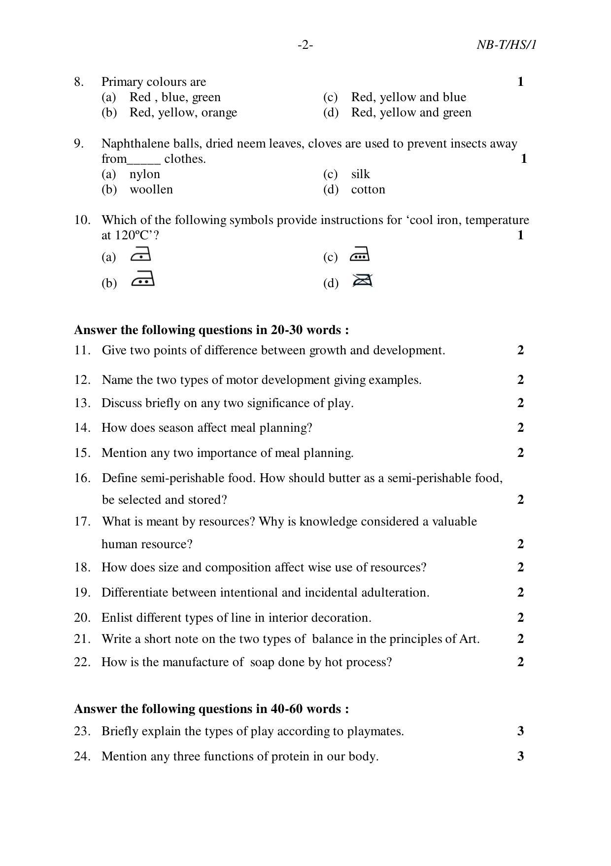 Nagaland Board Class 10 HOME SCIENCE 2020 Question Paper - Page 2