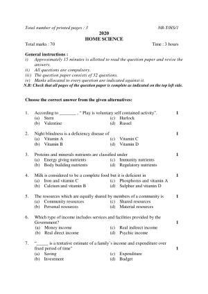 Nagaland Board Class 10 HOME SCIENCE 2020 Question Paper