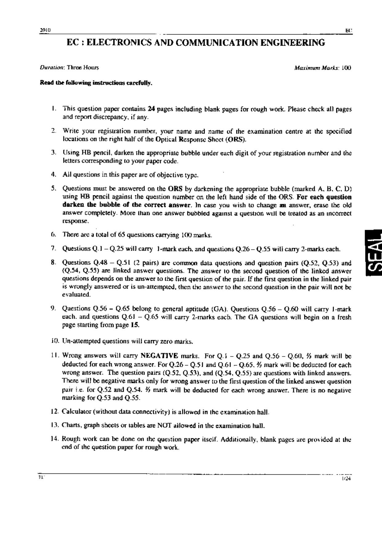 GATE 2010 Electronics and Communication Engineering (EC) Question Paper with Answer Key - Page 1