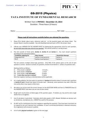 TIFR GS 2015 Physics Y Question Paper