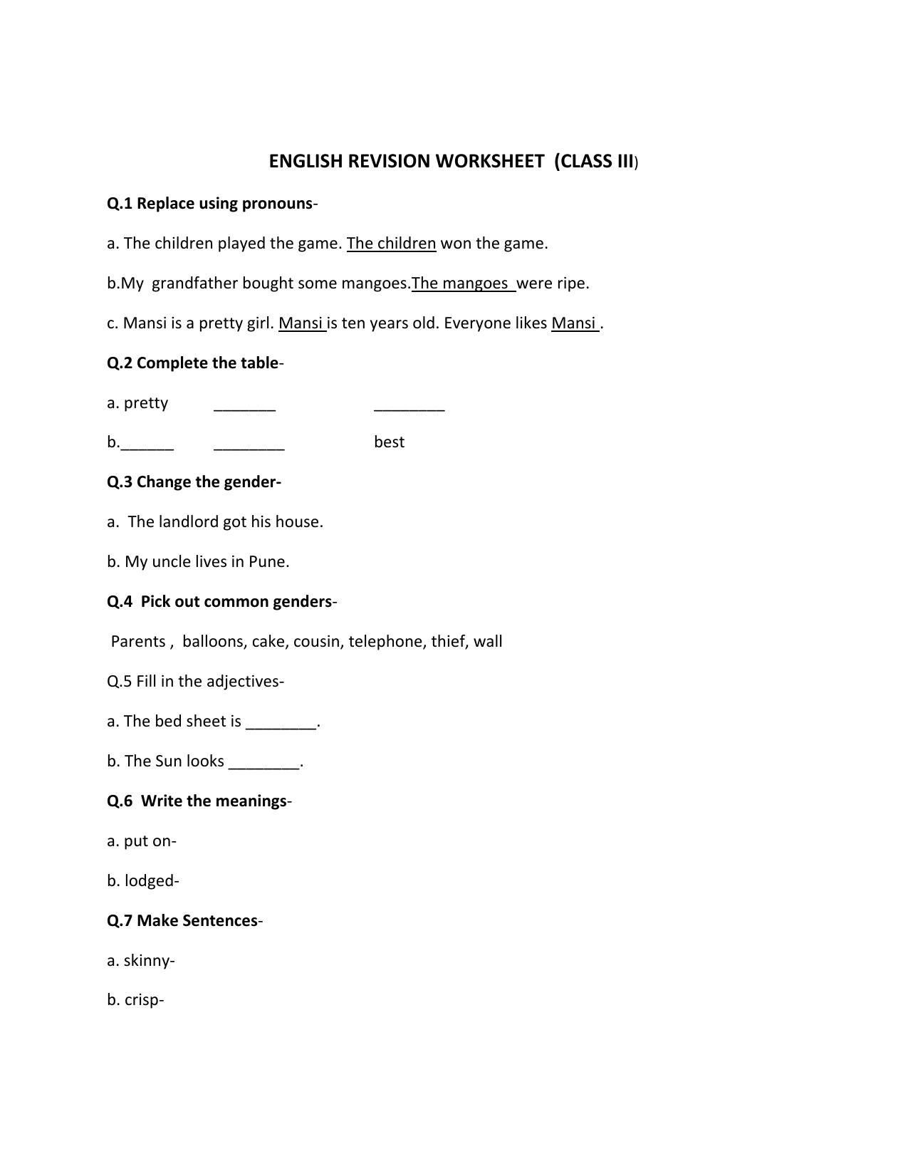 Worksheet for Class 3 English Assignment 19 - Page 1