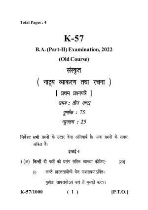 Sarguja University Question Paper - 2022 :   B.A - II (Old) Sanskrit Paper Paper- I