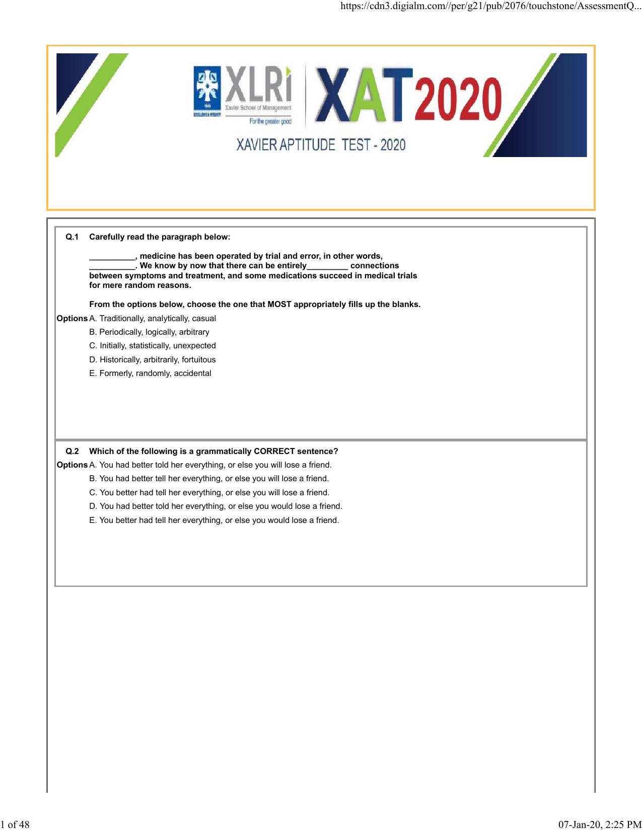 XAT 2020 Question Paper - Page 1