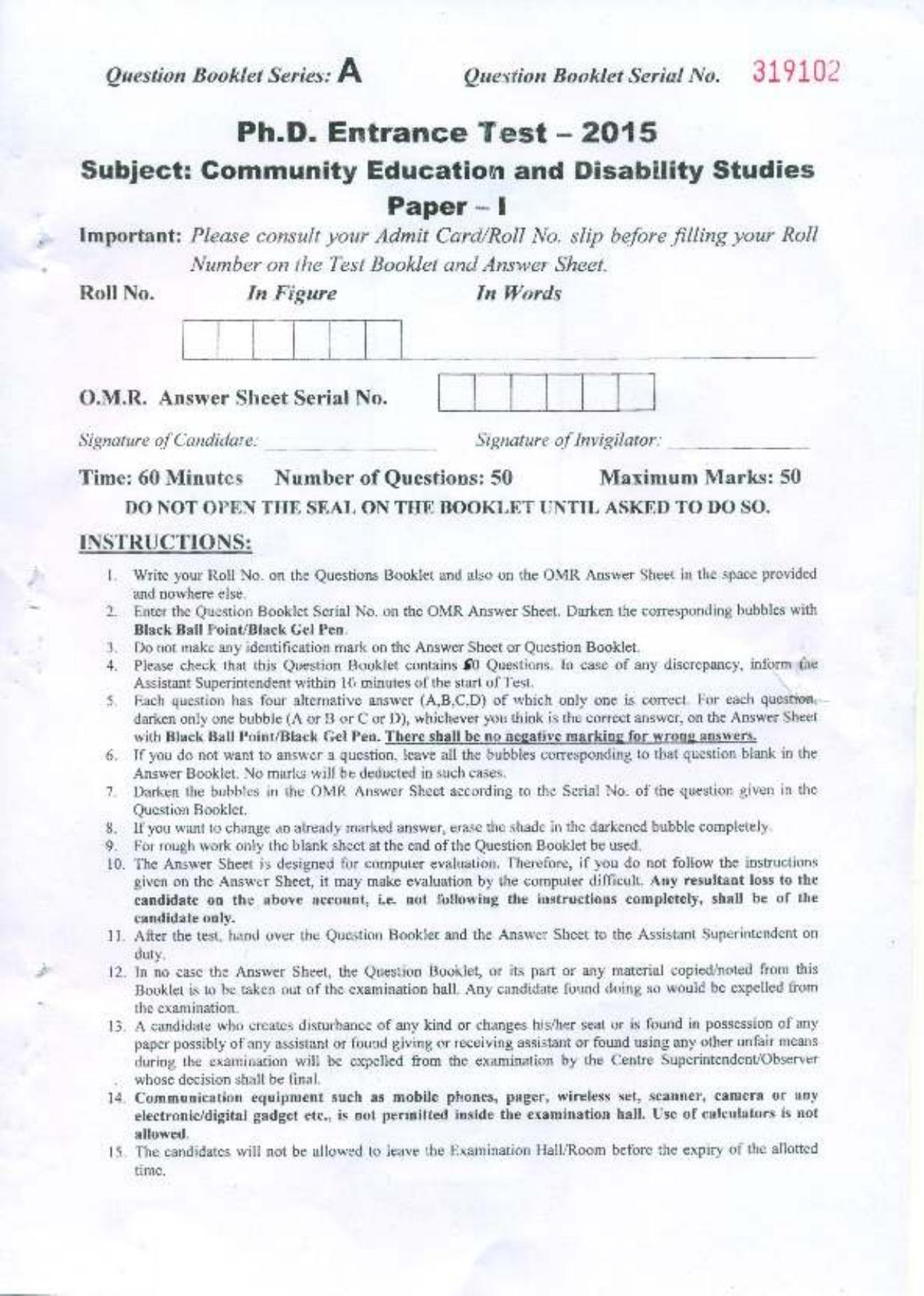 PU MPET Community Education and Disability Studies 2015 Question Paper - Page 1