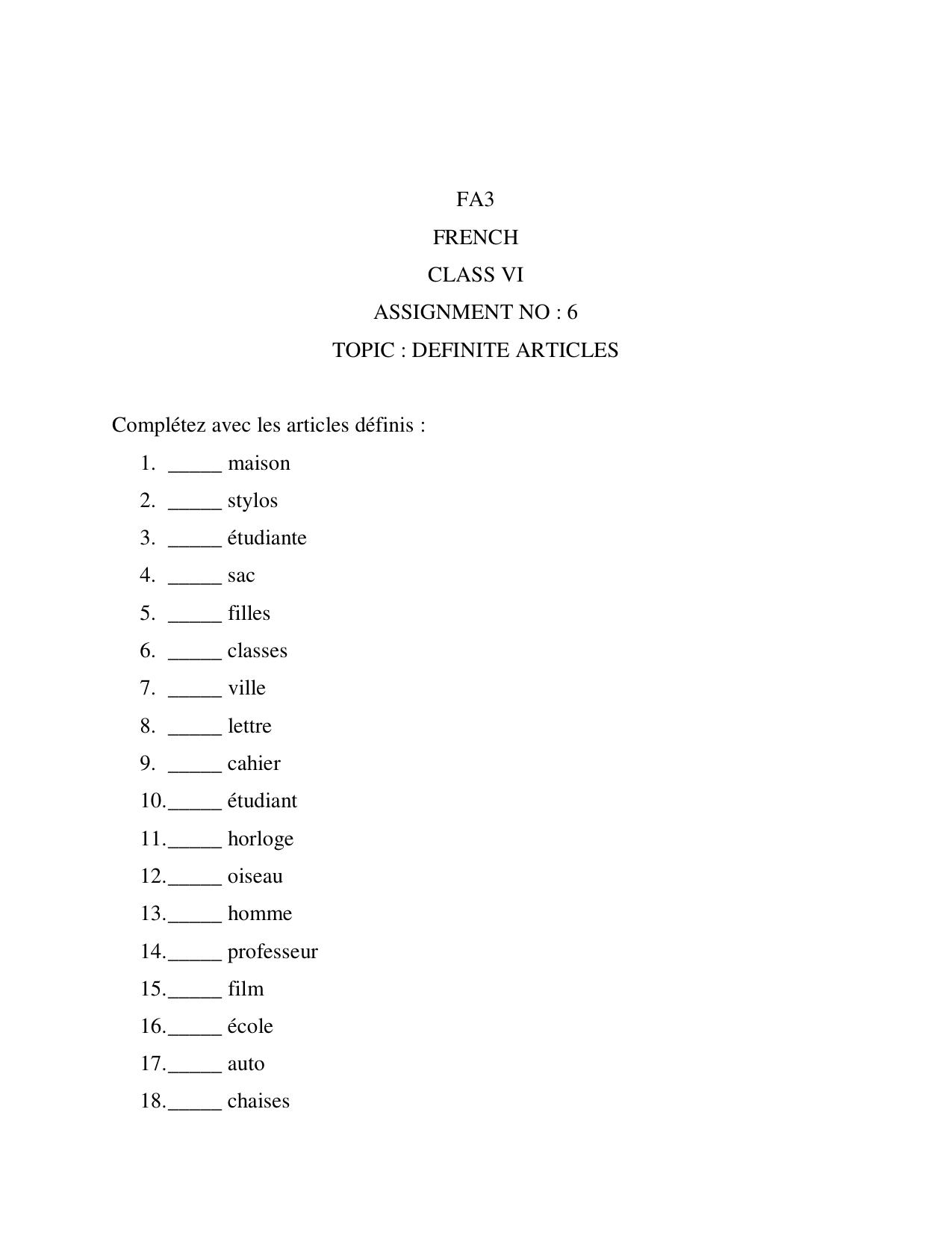 CBSE Worksheets for Class 6 French Practice Assignment 5 - Page 1