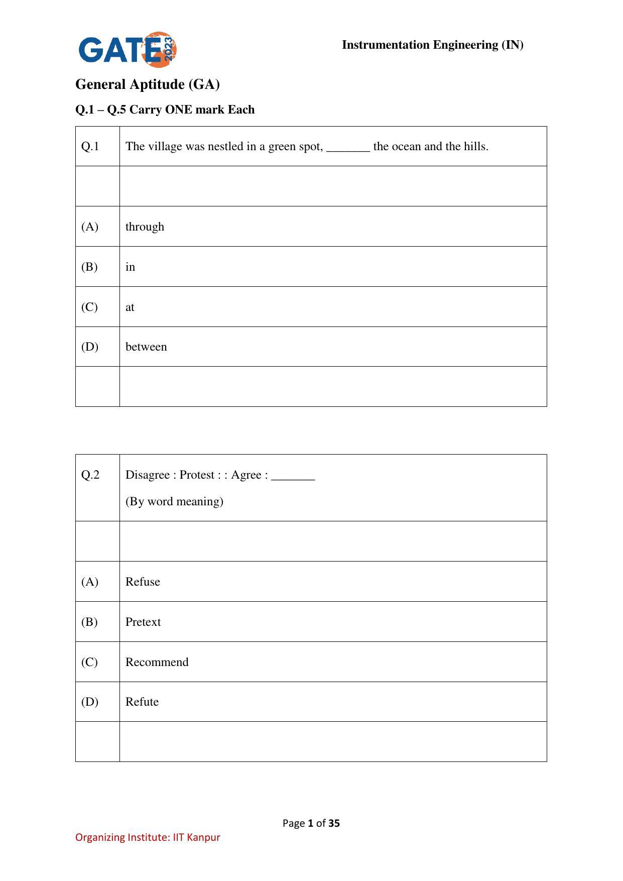 GATE 2023 Instrumentation Engineering (IN) Question Paper - Page 1