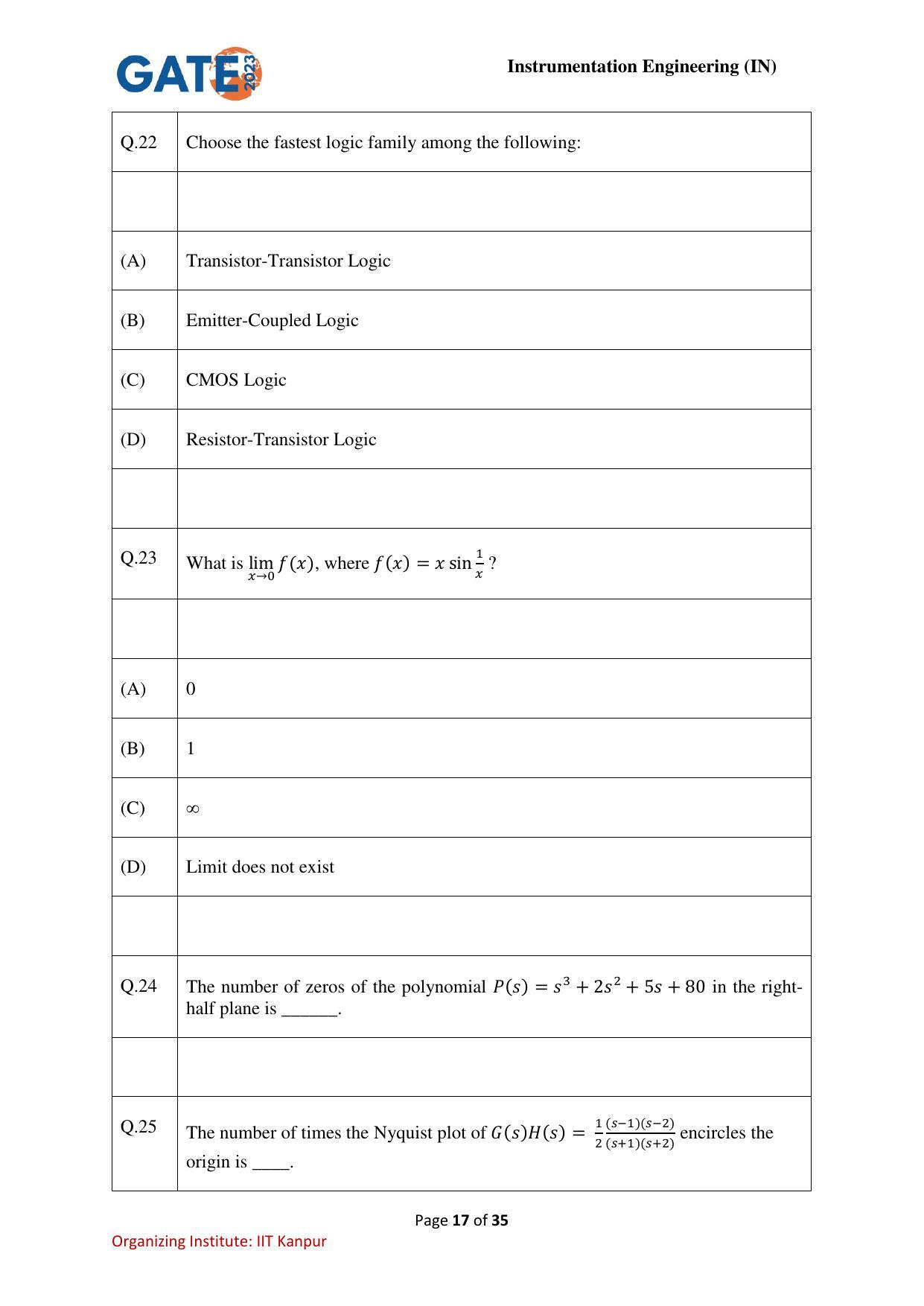 GATE 2023 Instrumentation Engineering (IN) Question Paper - Page 17