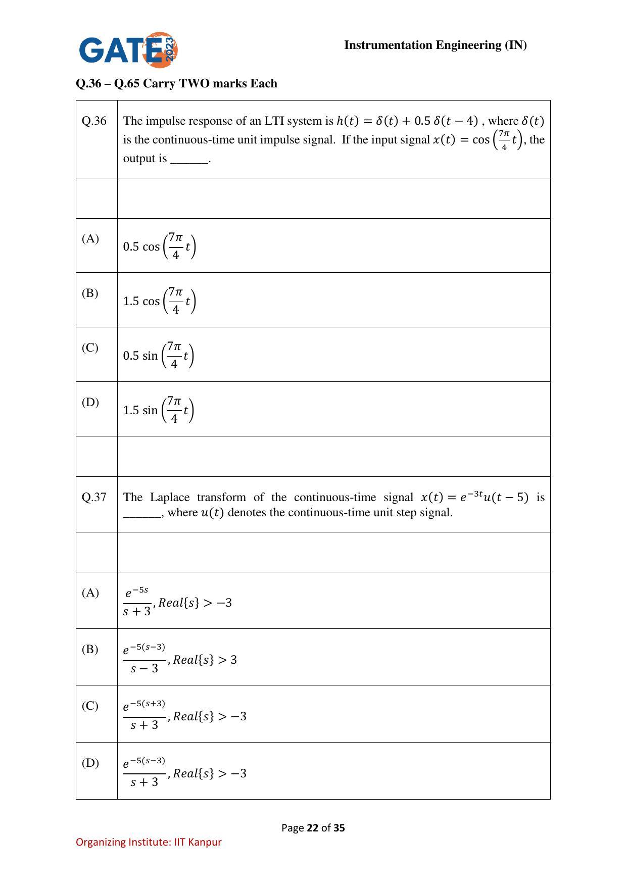 GATE 2023 Instrumentation Engineering (IN) Question Paper - Page 22