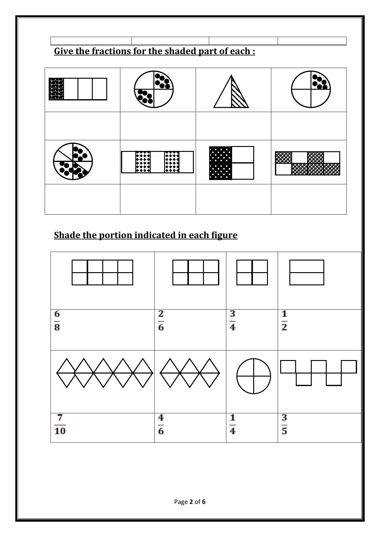 Worksheet for Class 3 Mathematics Fractions Assignment VI - Page 2