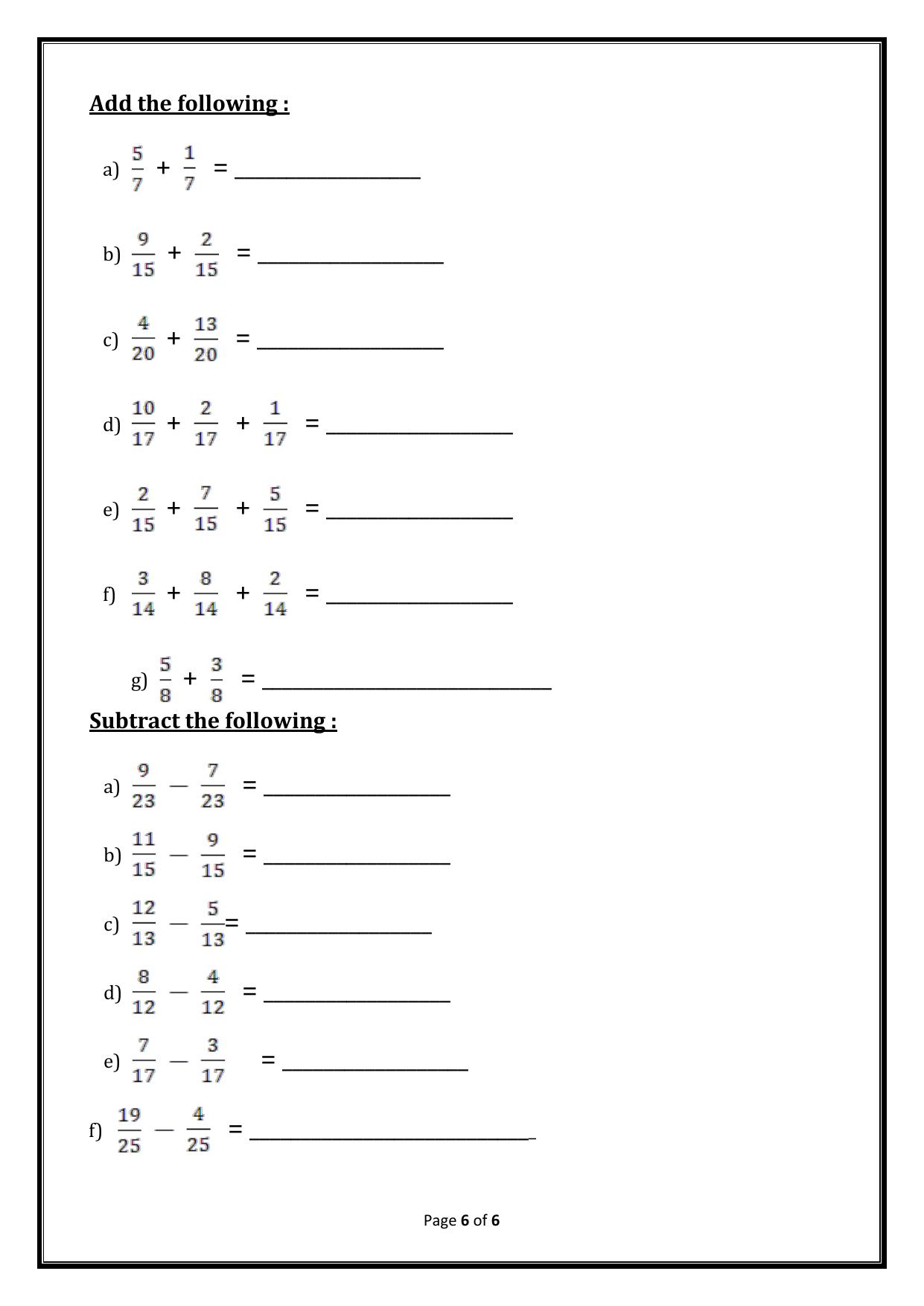 Worksheet for Class 3 Mathematics Fractions Assignment VI - Page 6
