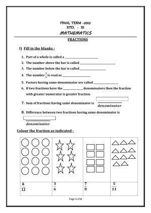Worksheet for Class 3 Mathematics Fractions Assignment VI