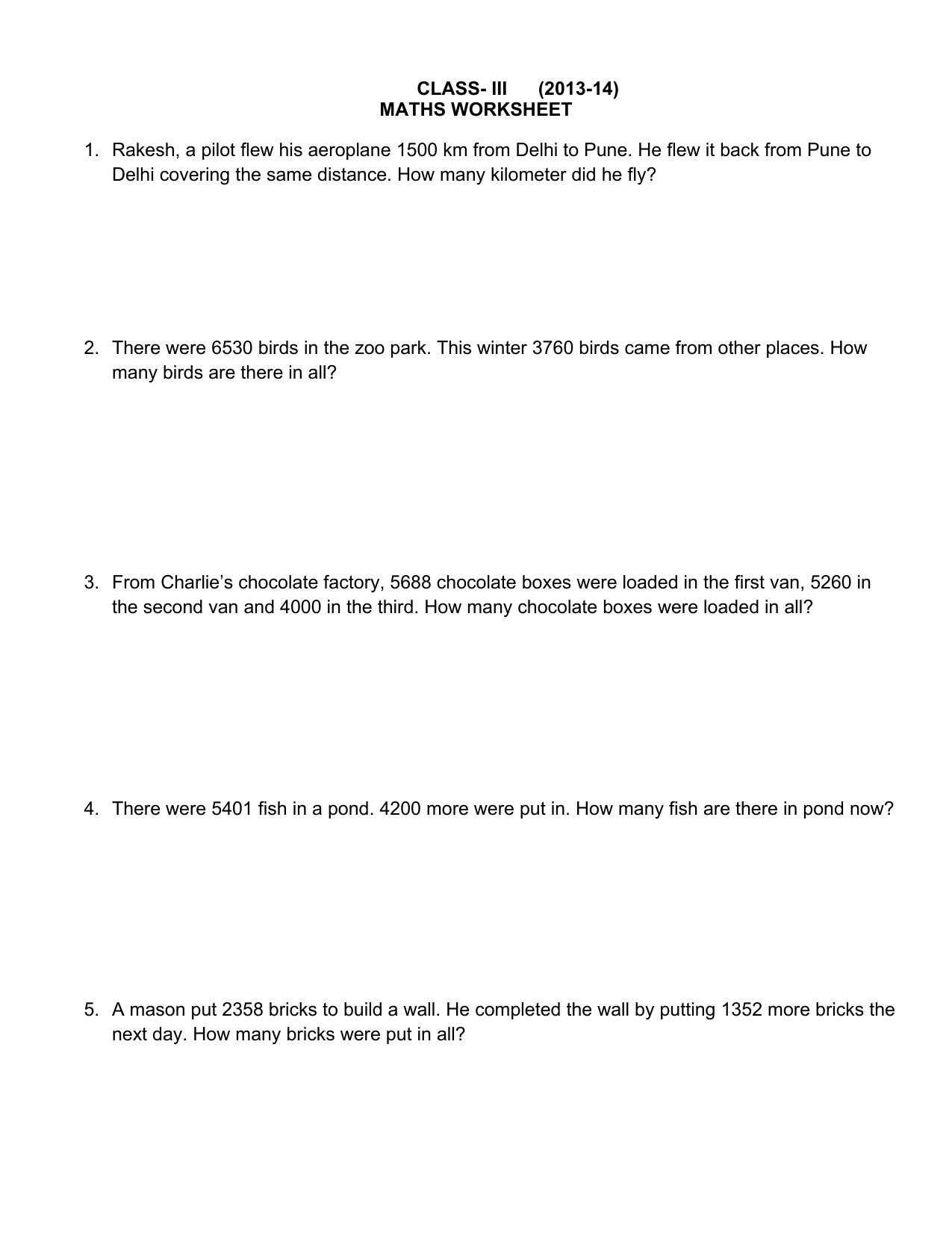 Worksheet for Class 3 Mathematics Assignment 103 - Page 1