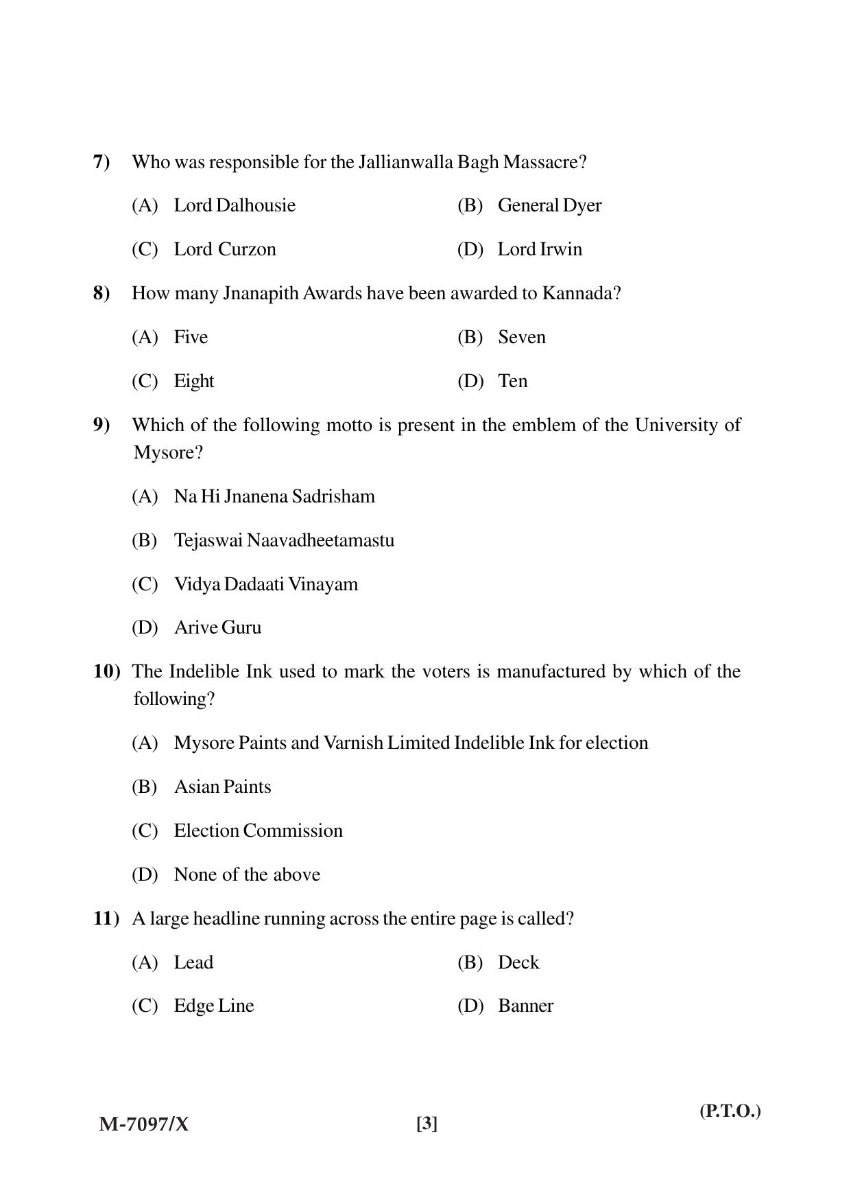 Mysore University PG Entrance Exam 2019: Journalism & Mass Communication Question Paper - Page 3