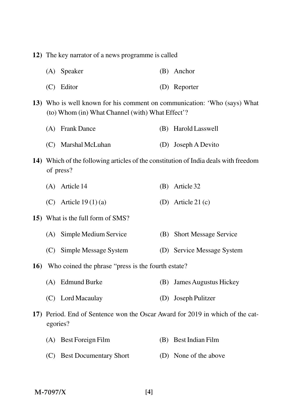 Mysore University PG Entrance Exam 2019: Journalism & Mass Communication Question Paper - Page 4