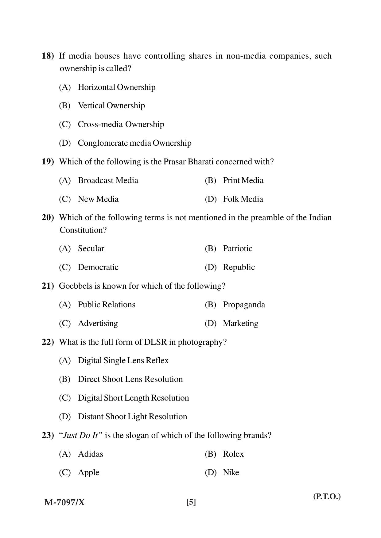 Mysore University PG Entrance Exam 2019: Journalism & Mass Communication Question Paper - Page 5