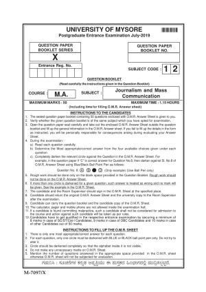 Mysore University PG Entrance Exam 2019: Journalism & Mass Communication Question Paper