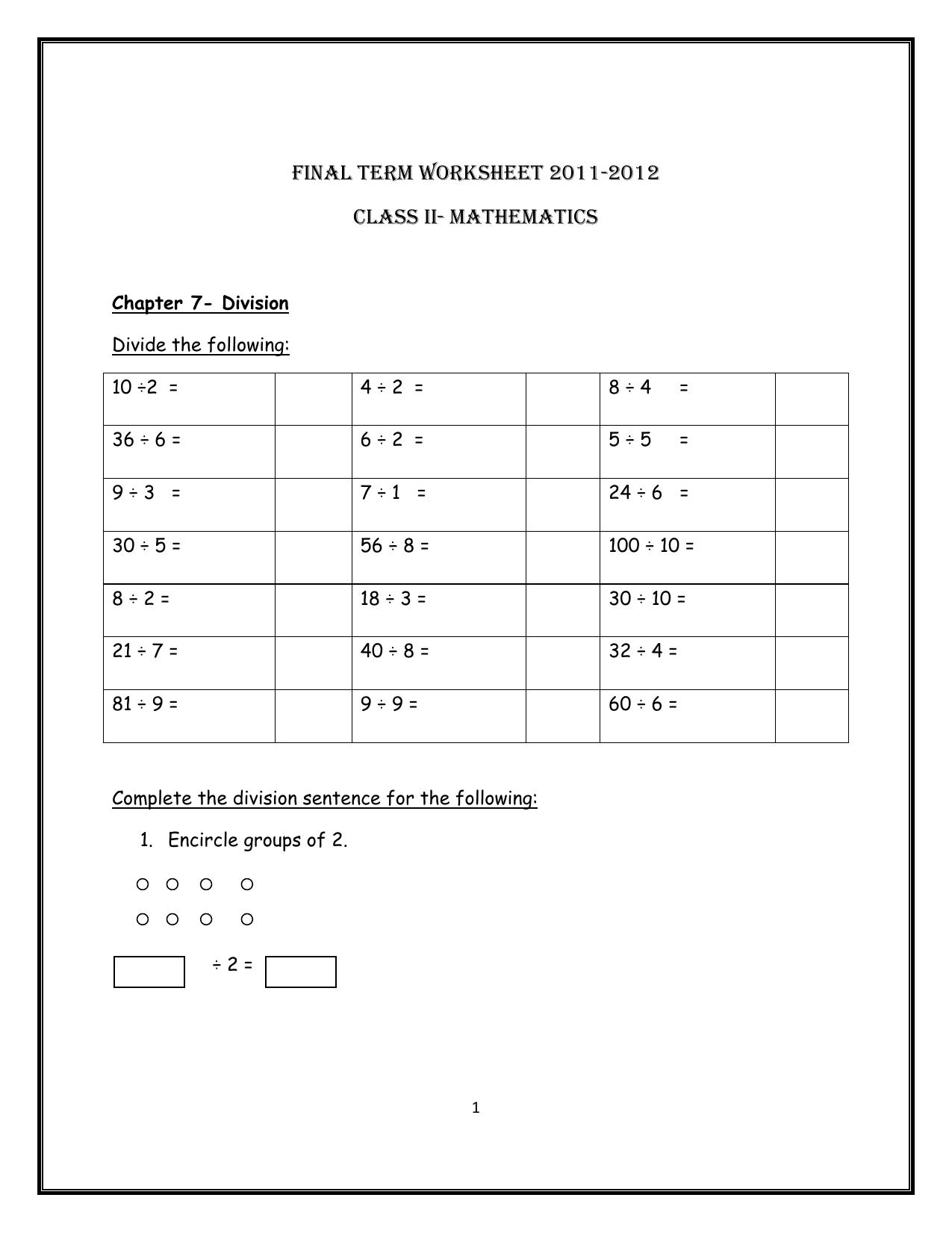 Worksheets for Class 2 Maths Assignment 81 Division - Page 1