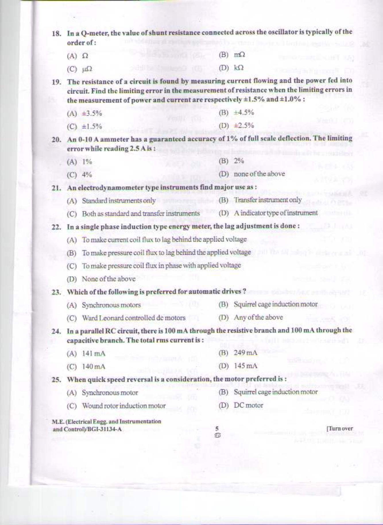 PU CET PG 2015: M.E. Electrical Engg.(Instrumentaion & Control) Question Paper - Page 4