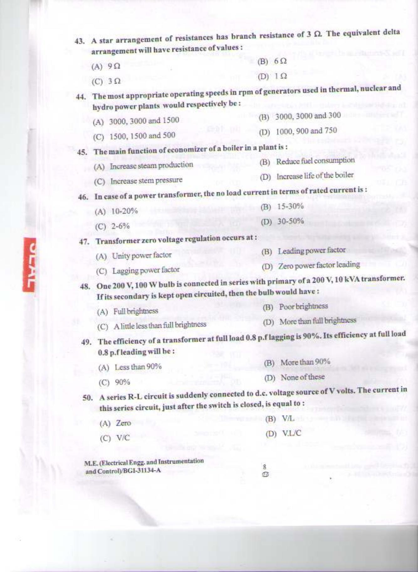 PU CET PG 2015: M.E. Electrical Engg.(Instrumentaion & Control) Question Paper - Page 7
