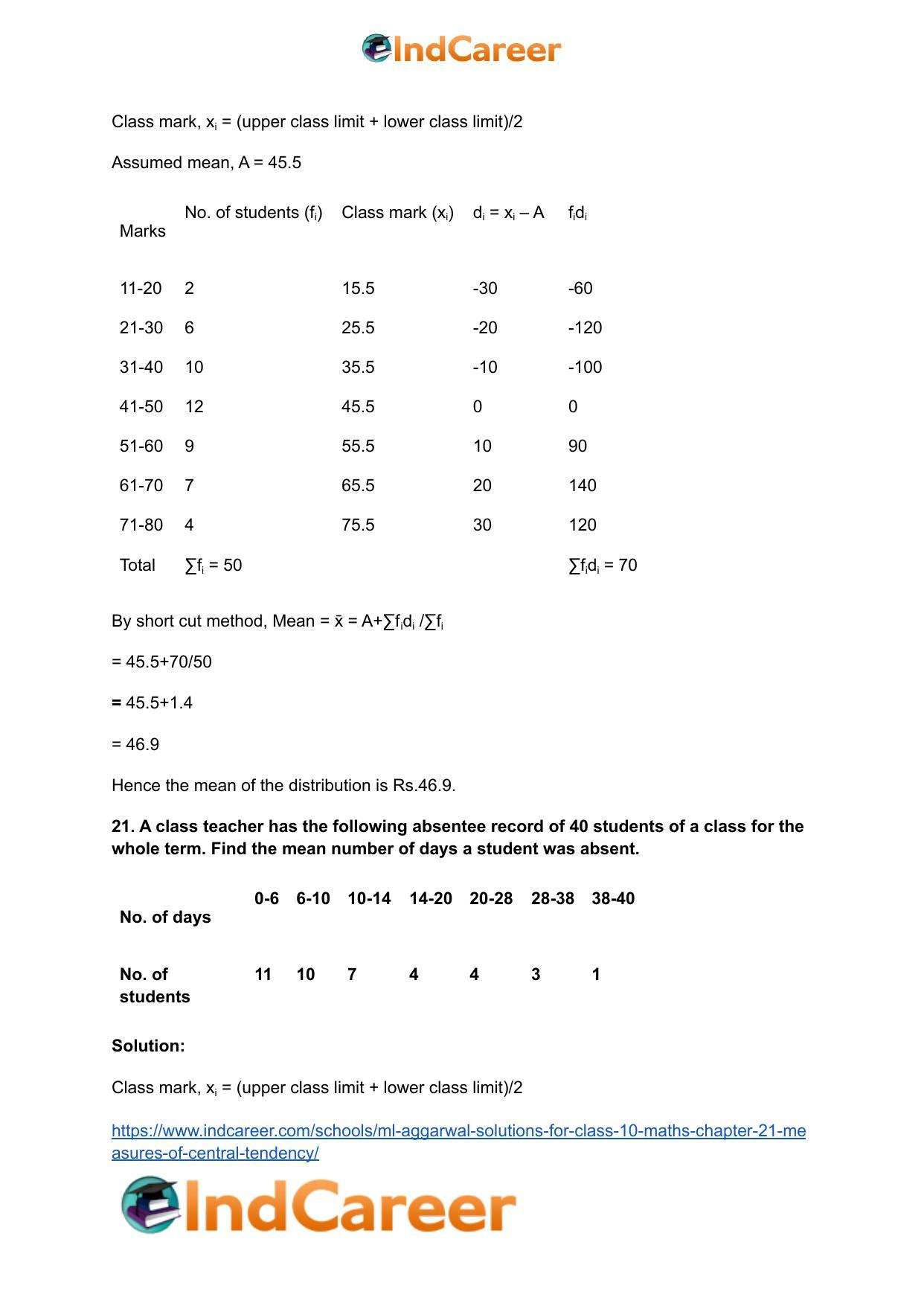 ML Aggarwal Solutions for Class 10 Maths Chapter 21- Measures Of Central Tendency - Page 21