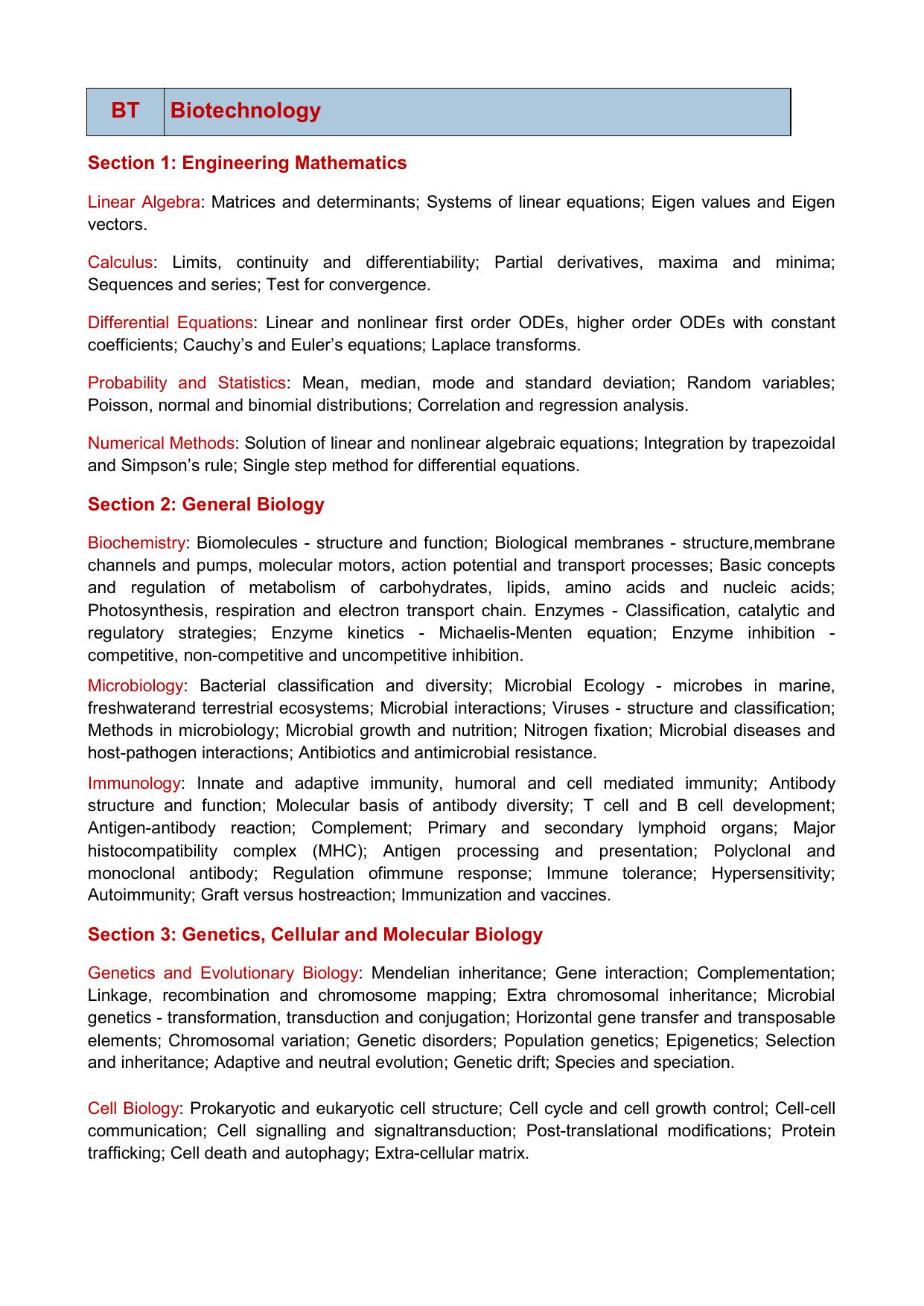 GATE Biotechnology Syllabus - Page 1
