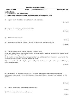 CBSE Worksheets for Class 11 Chemistry Thermodynamics Assignment 1