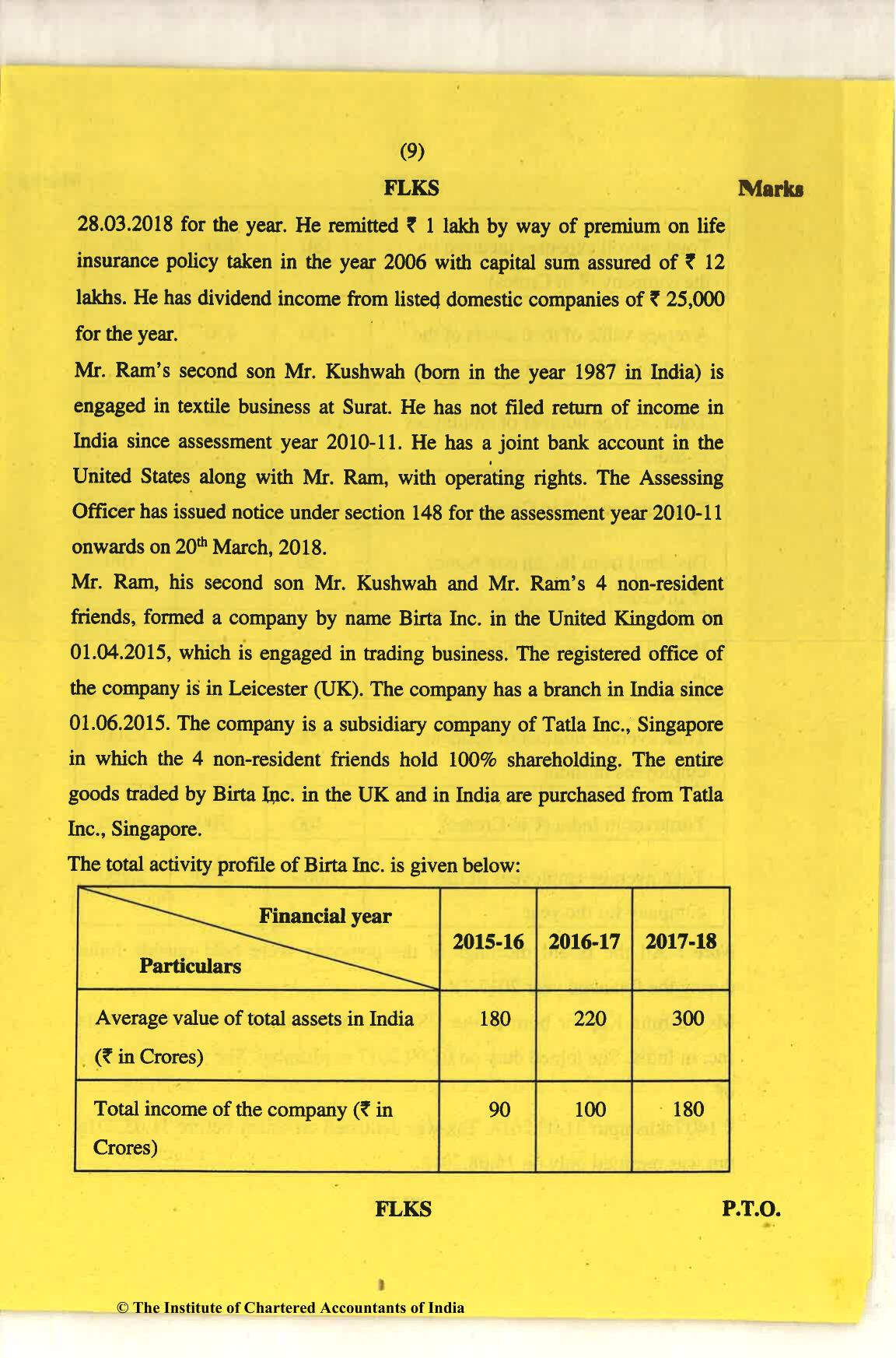 CA Final Nov 2018 Question Paper - Paper 6C – International Taxation - Page 9