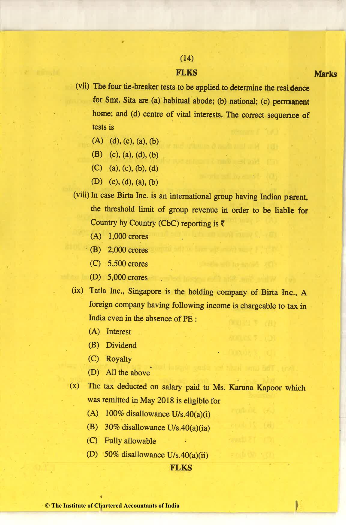 CA Final Nov 2018 Question Paper - Paper 6C – International Taxation - Page 14