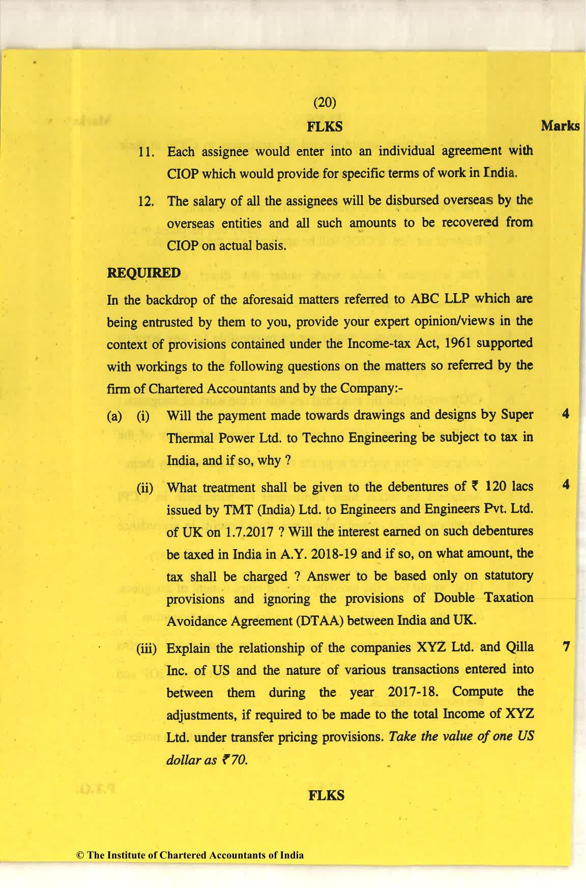 CA Final Nov 2018 Question Paper - Paper 6C – International Taxation - Page 20