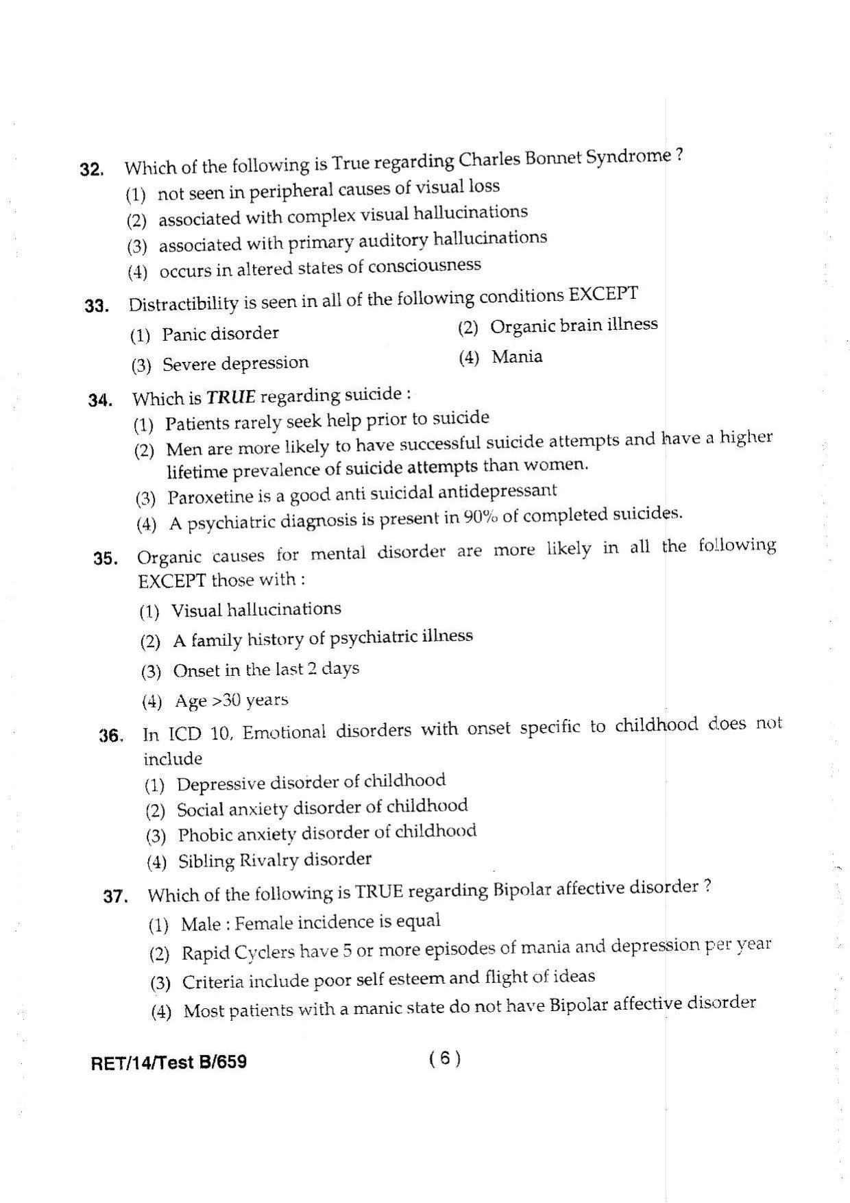 BHU RET Psychiatry 2014 Question Paper - Page 8