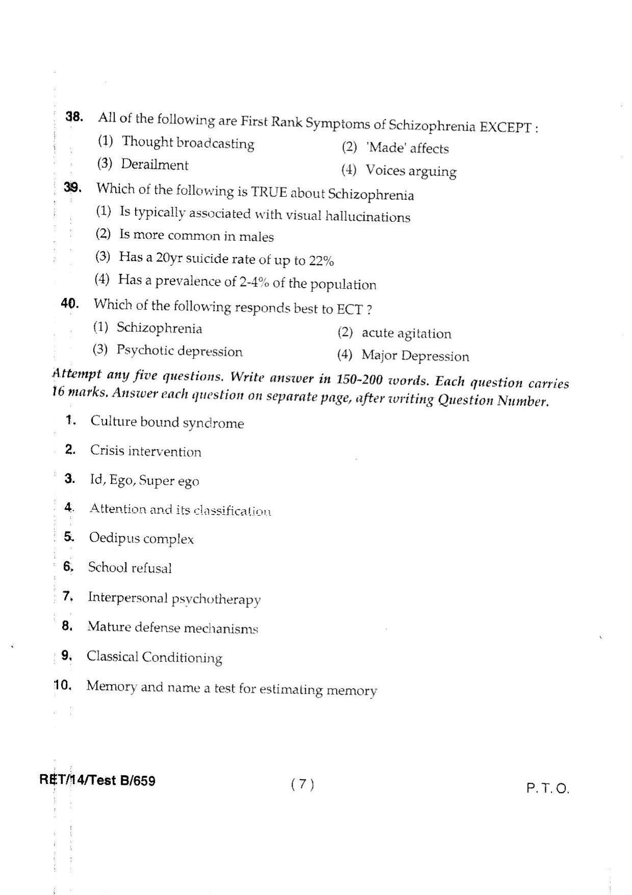 BHU RET Psychiatry 2014 Question Paper - Page 9