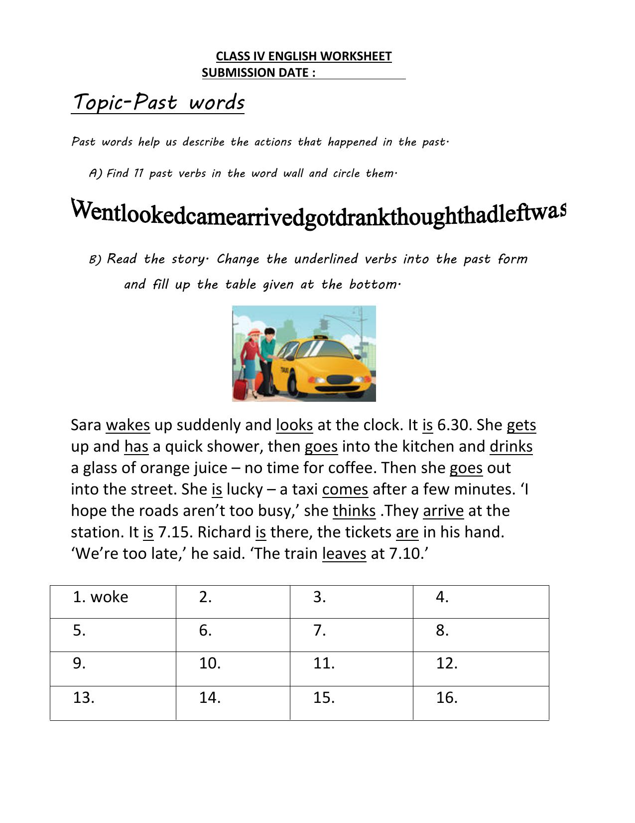 Worksheet for Class 4 English Assignment 89 Past Words - Page 1