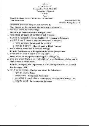 Bilaspur University Question Paper July 2022: LL.M. (IV Sem.) Human Rights And The Refugees Paper 1