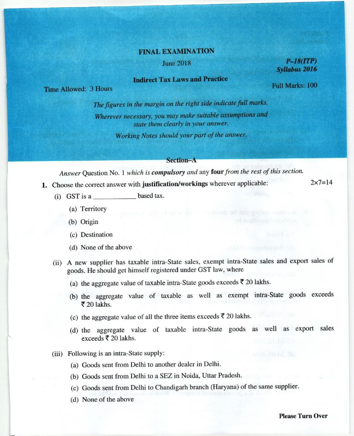 ICMAI June 2018 Indirect Tax Laws and Practise Question Paper (Final) - Page 1