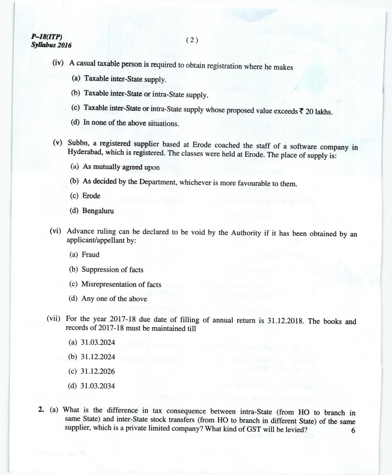 ICMAI June 2018 Indirect Tax Laws and Practise Question Paper (Final) - Page 2