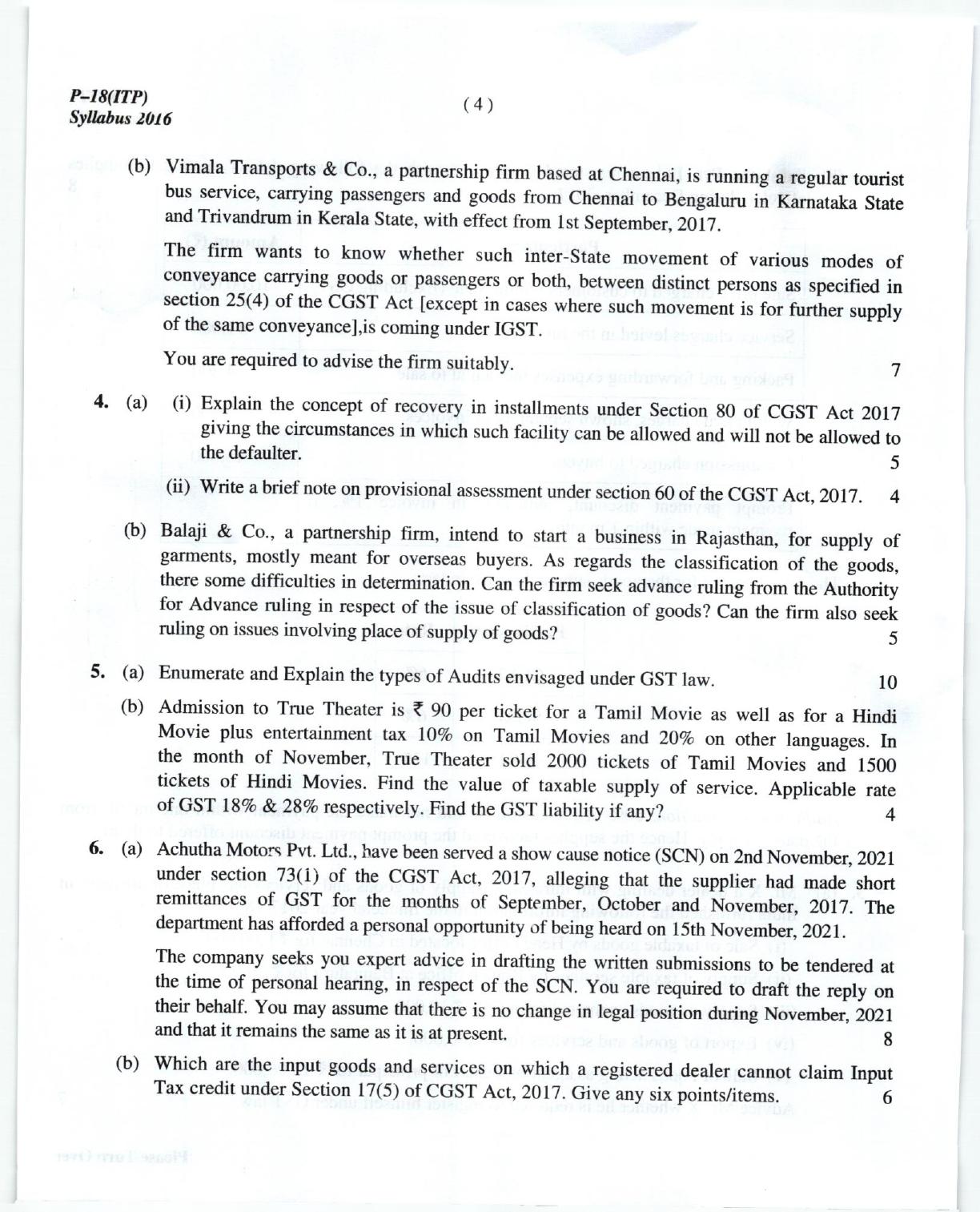 ICMAI June 2018 Indirect Tax Laws and Practise Question Paper (Final) - Page 4