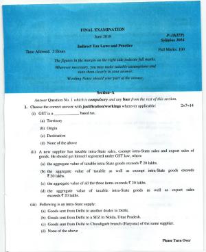 ICMAI June 2018 Indirect Tax Laws and Practise Question Paper (Final)