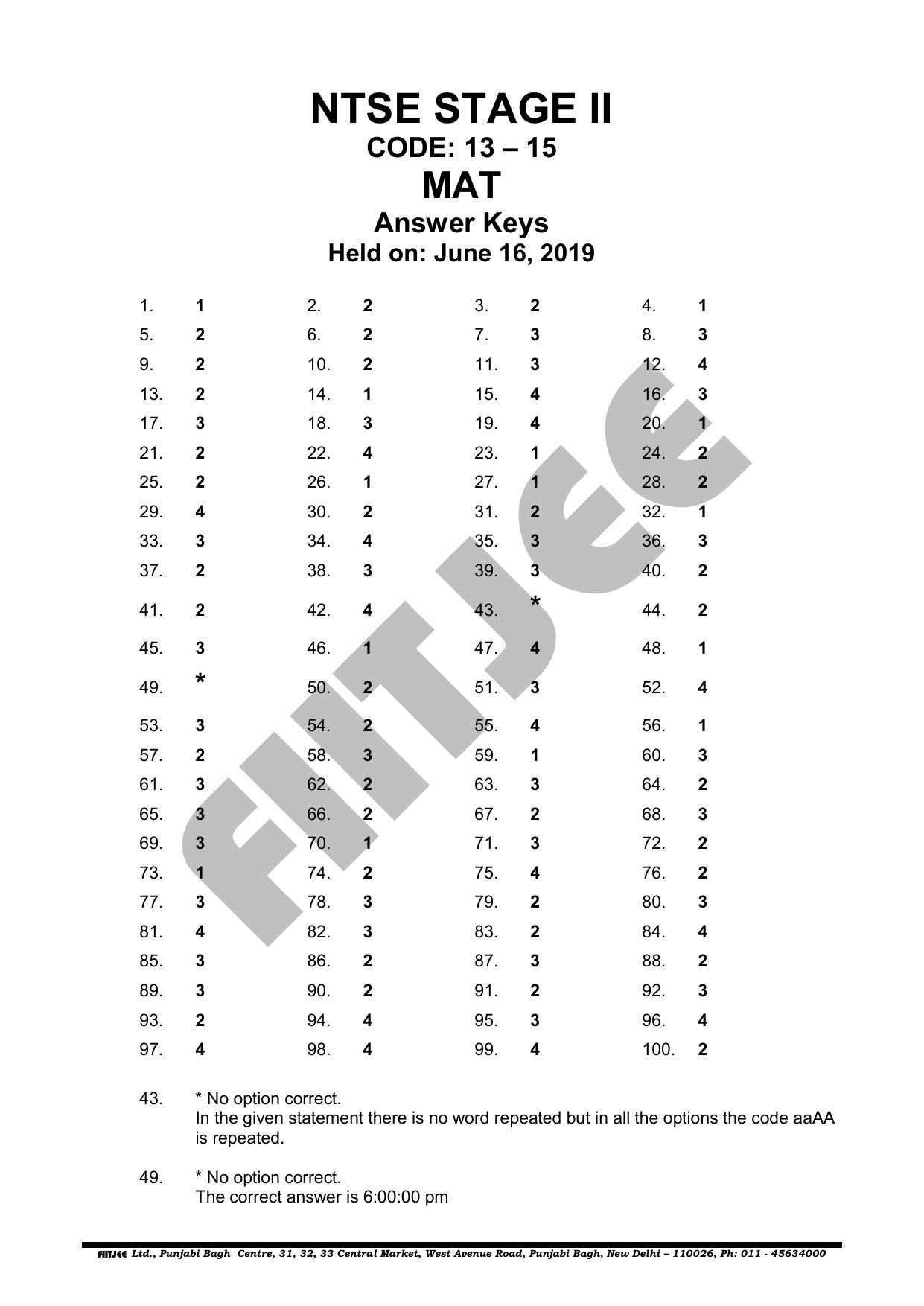 NTSE 2019 (Stage II) MAT Question Paper with Solution (June 16, 2019) - Page 1