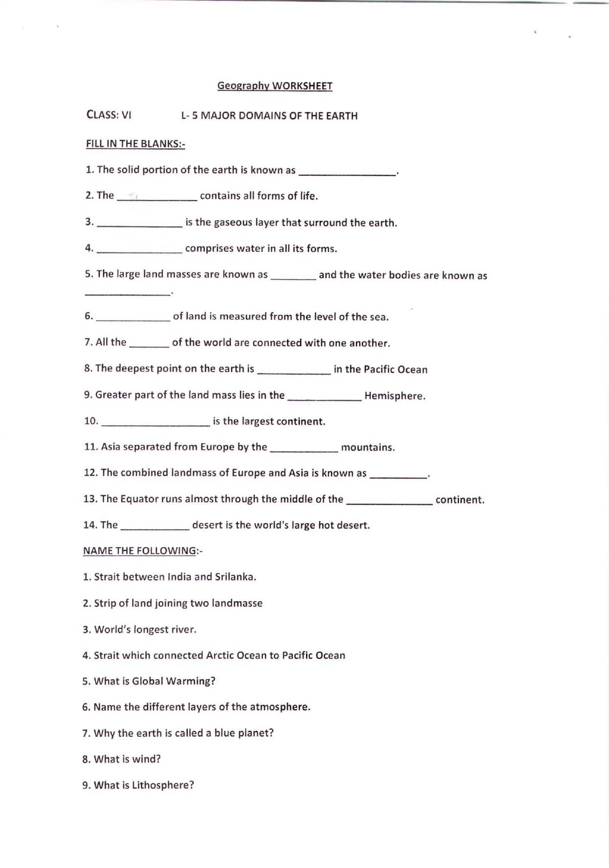 CBSE Worksheets for Class 6 Social Science Major Domains of the Earth Assignment - Page 1