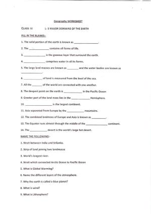 CBSE Worksheets for Class 6 Social Science Major Domains of the Earth Assignment