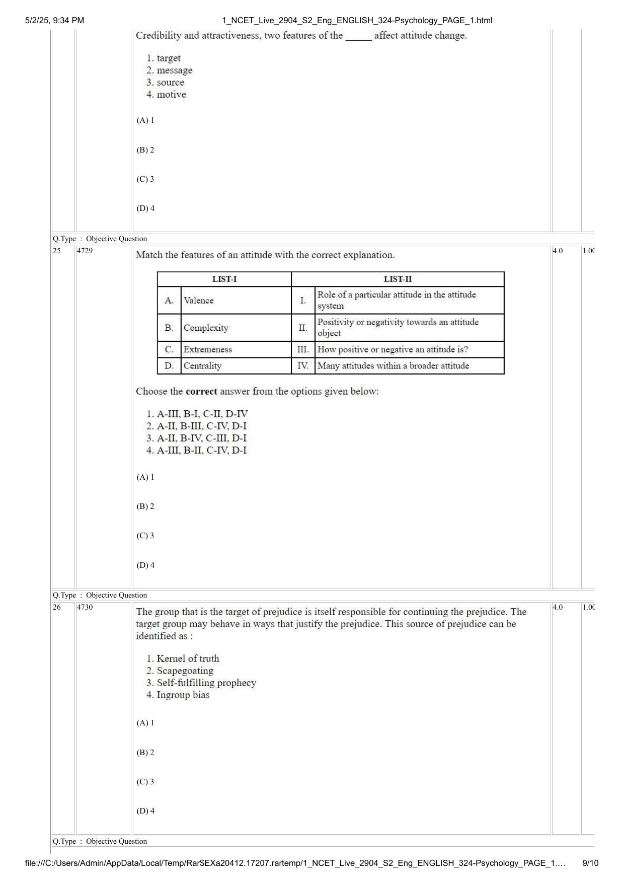 NCET 2025 Question Paper - Psychology - Page 9