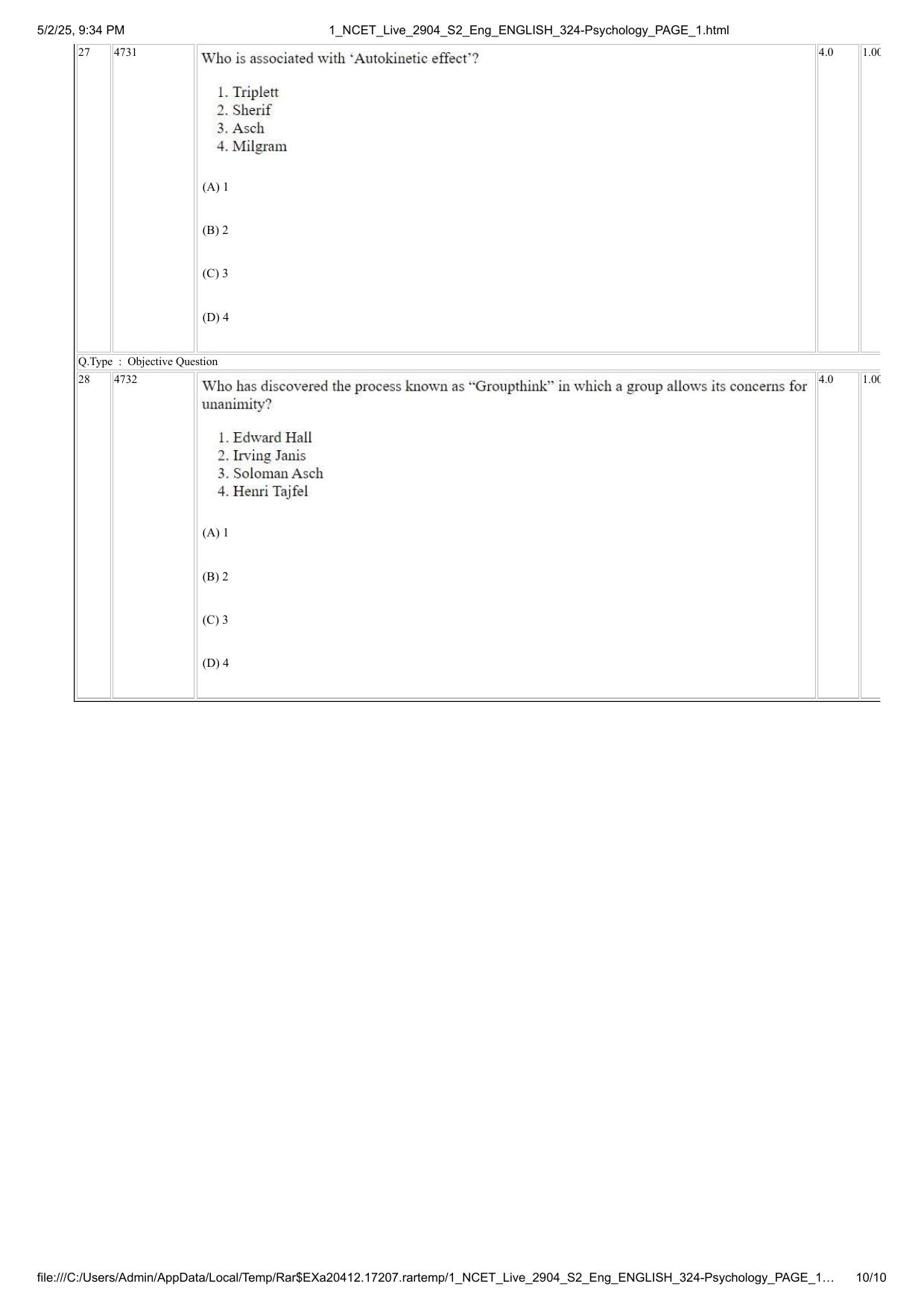 NCET 2025 Question Paper - Psychology - Page 10
