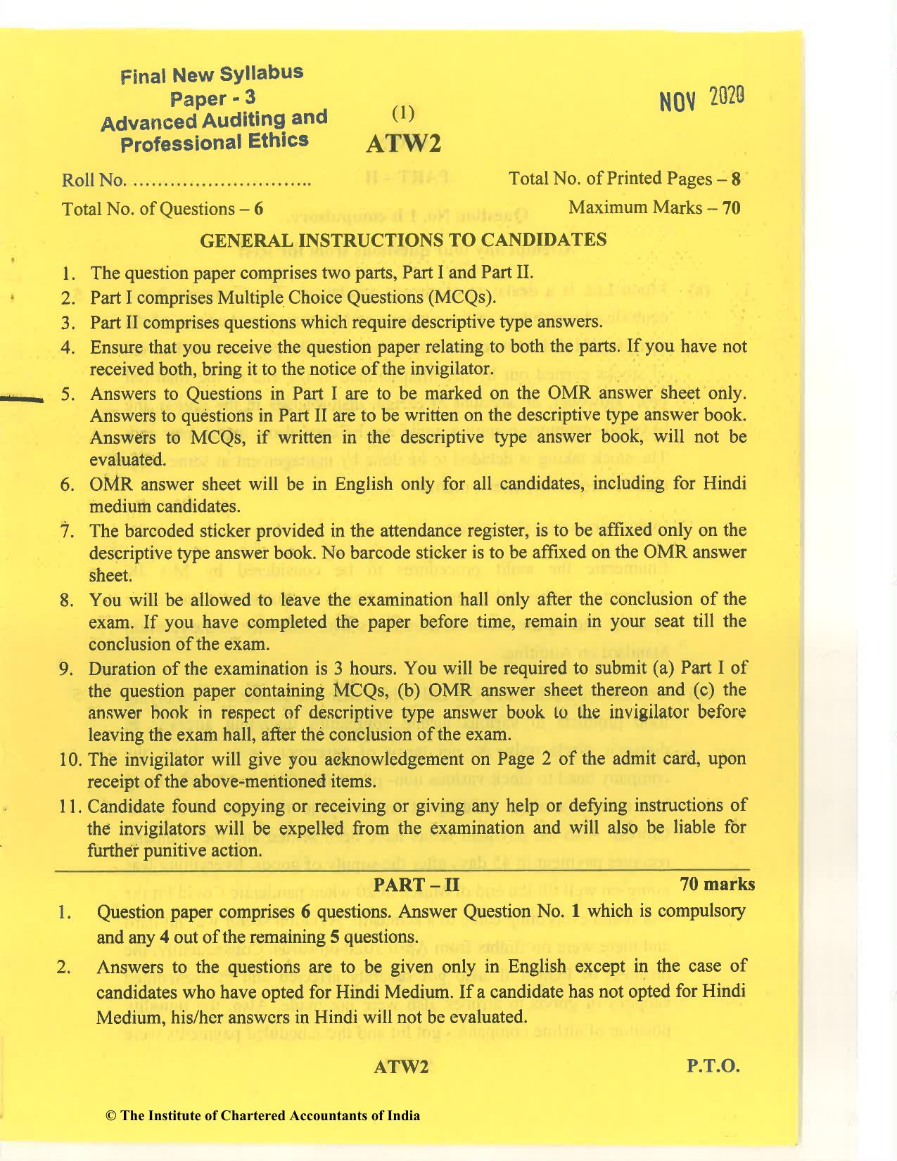 CA Final Nov 2020 Question Paper - Paper 3 – Advanced Auditing and Professional Ethics - Page 1