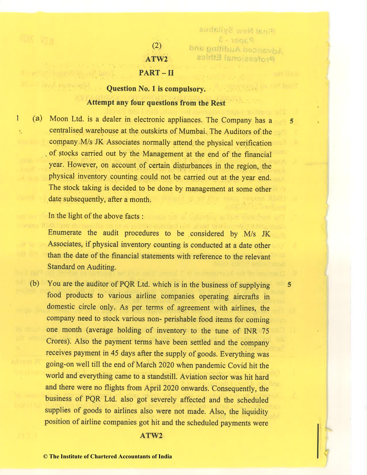 CA Final Nov 2020 Question Paper - Paper 3 – Advanced Auditing and Professional Ethics - Page 2