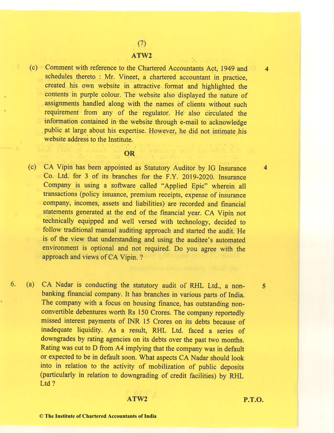 CA Final Nov 2020 Question Paper - Paper 3 – Advanced Auditing and Professional Ethics - Page 7