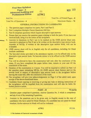 CA Final Nov 2020 Question Paper - Paper 3 – Advanced Auditing and Professional Ethics