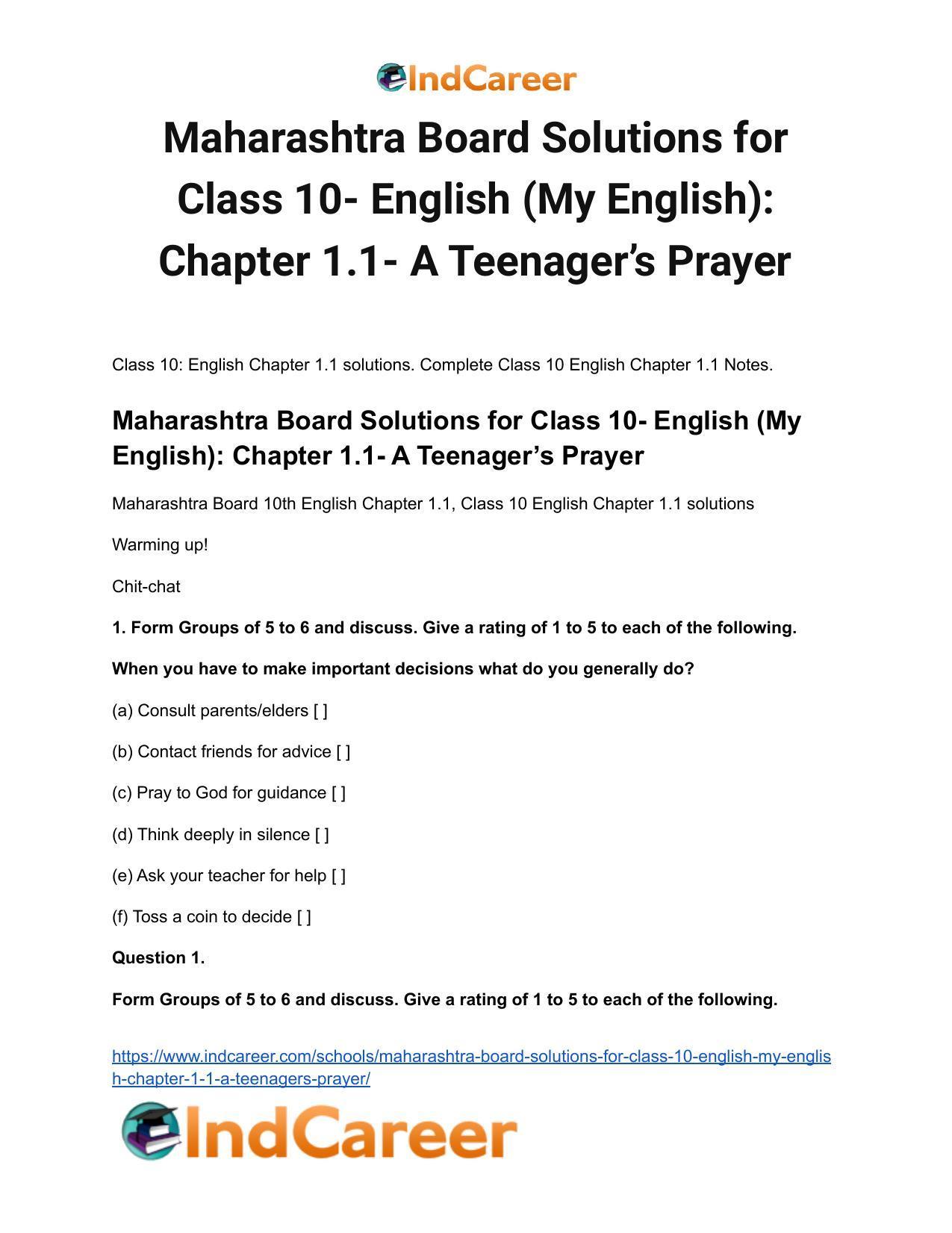 Maharashtra Board Solutions for Class 10- English (My English): Chapter 1.1- A Teenager’s Prayer - Page 2